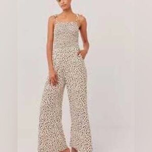 Pact Cream Smocked Spaghetti-Strap Wide-Leg Jumpsuit with Leopard Dot